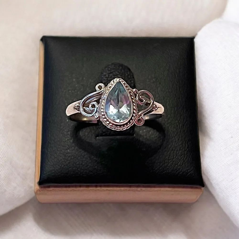 Artisan Sterling Silver Natural Blue Topaz Teardrop Ring Size 8.75